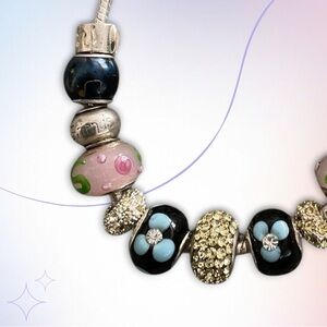 Bracelet Snake Sterling Silver .925 Murano Beads Gold & Silver Blue Charms NWOT